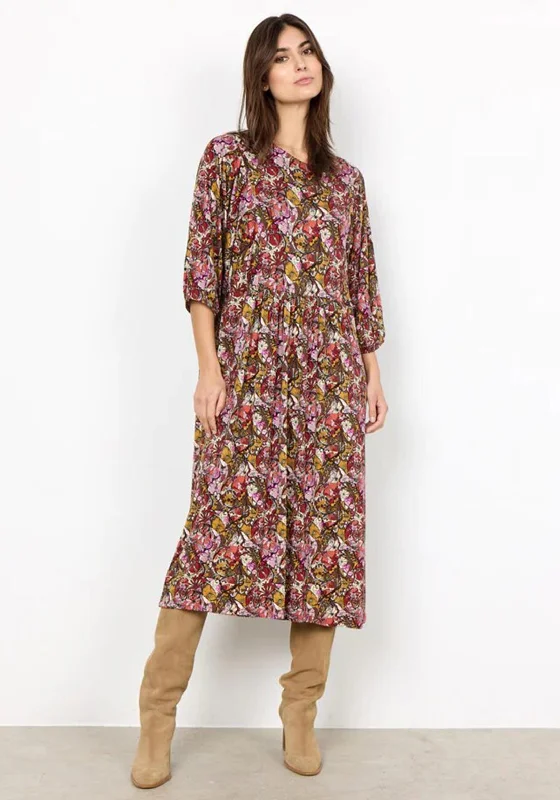 Cap-sleeve DressSoyaconcept Marica Puff Sleeve Floral Print Midi Dress, Bordeaux