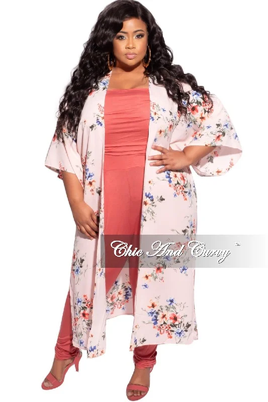 Plus size women's lace tops*Final Sale Plus Size 3/4 Sleeve Duster with Light Pink Background and Multicolor Floral Print