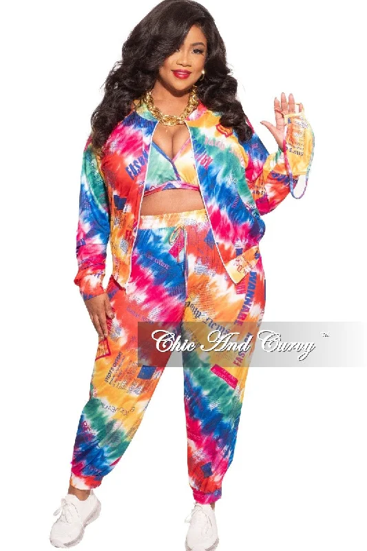 Women's outdoor topsFinal Sale Plus Size 3pc (Jacket, Top & Pants) Set in Multi-Color Print