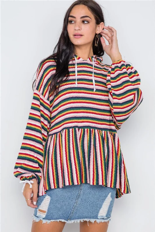 Red Mustard Geen Stripe Hooded Knit Sweater /2-2-2Cultural Knit Tops