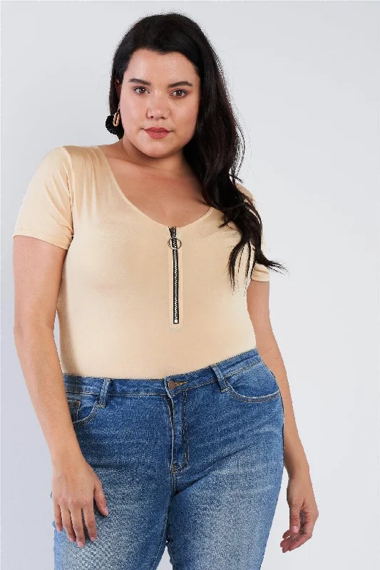 Minimalist Short Sleeve TopsJunior Plus Size Nude Front Zipper Short Sleeves Bodysuit /2-2-2