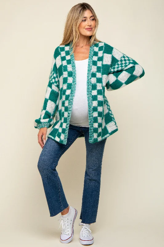 Green Checkered Maternity Cardigan SweaterTurtleneck Knit Tops