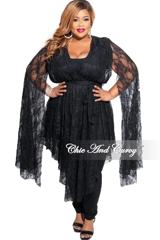 Plus size women's ruffle topsFinal Sale Plus Size Lace Split Bell Sleeve Top in Black