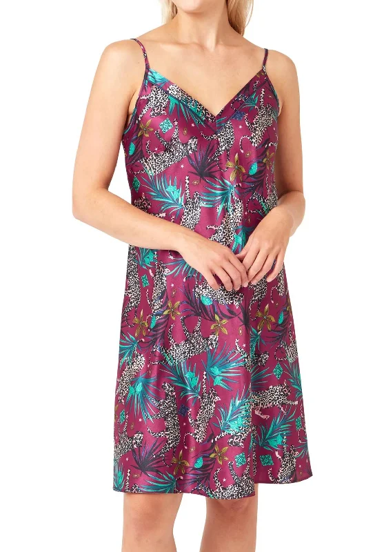 T-shirt DressIndigo Sky Jungle Leopard Satin Nightdress, Raspberry