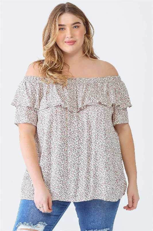 Waterproof Short Sleeve TopsJunior Plus Cream Mauve Floral Print Off-The-Shoulder Short Sleeve Top /2-2-1