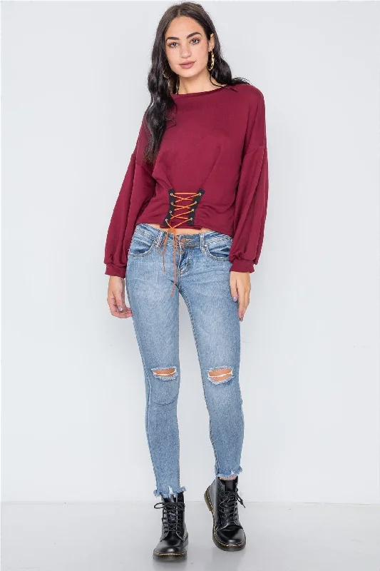 Burgundy Long Sleeve Lace Up Sweater /3-2Fishing Knit Tops