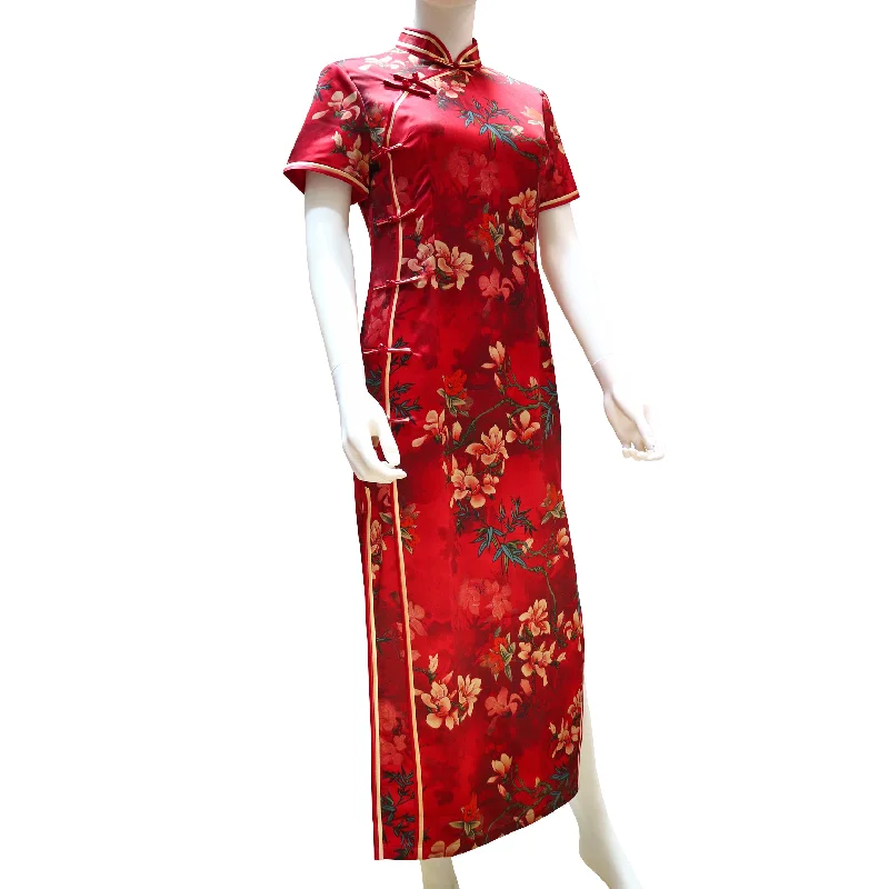 Fitted Short Sleeve TopsShort Sleeve Qipao - Red with Flowers