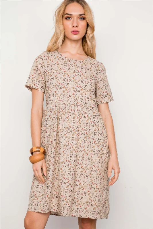 Linen Short Sleeve TopsOatmeal Floral Print Short Sleeve Boho Mini Midi Dress / 2-2-2