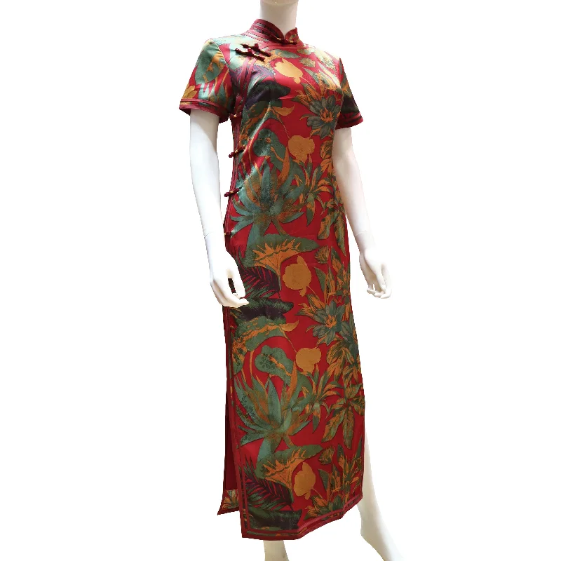 Off-Shoulder Short Sleeve TopsShort Sleeve Qipao - Dark Red with Teal and Gold Flowers