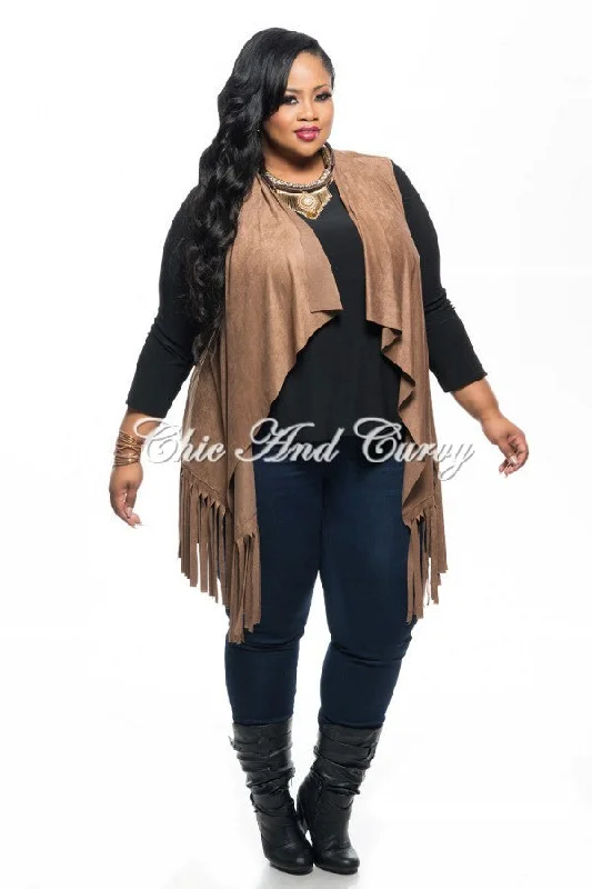 Large women's sweat-wicking topsFinal Sale Plus Size Faux Suede Vest w/ Fringe Bottom in Tan