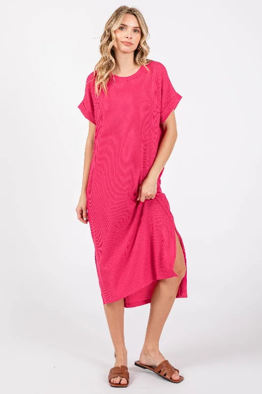 Reflective Short Sleeve TopsFuchsia Ribbed Short Sleeve Midi Dress