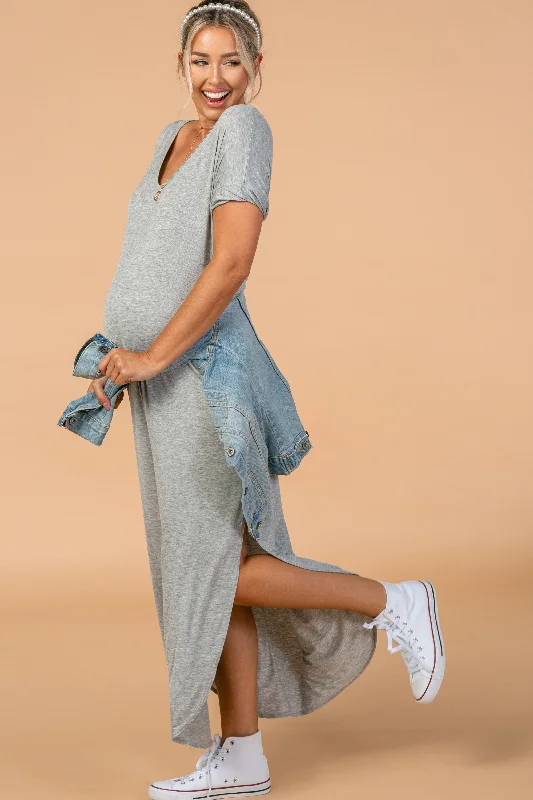 Graphic Short Sleeve TopsGrey Solid Short Sleeve Maternity Maxi Dress