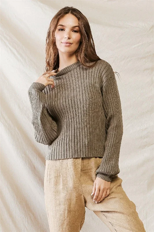 Olive Knit Ribbed Crew Neck Long Sleeve Sweater /1-4-1French Terry Knit Tops