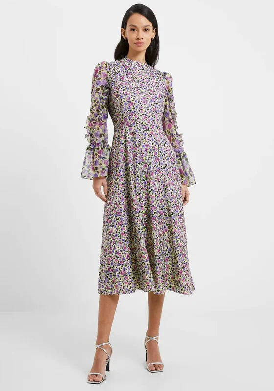 Geometric DressFrench Connection Alezzia Sheer Sleeve Floral Midi Dress, Sharp Green