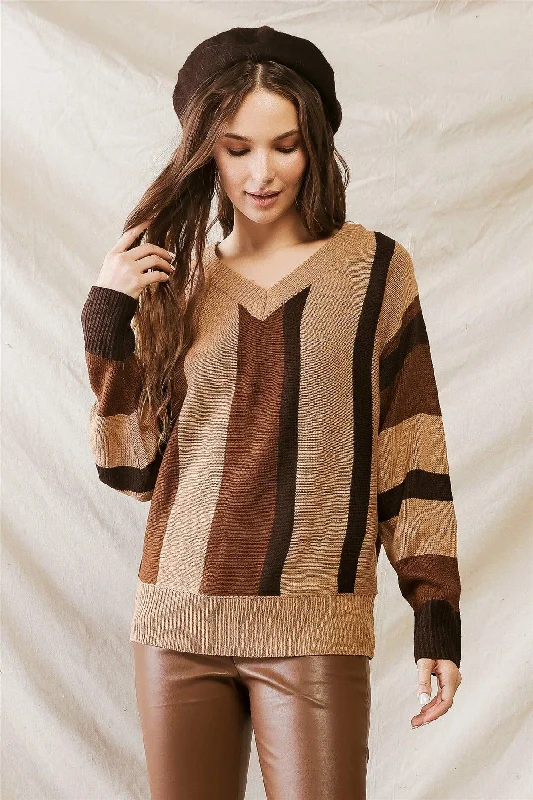 Brown Multi Colorblock Knit V-Neck Long Sleeve Sweater /1-2-2-1Fleece Knit Tops