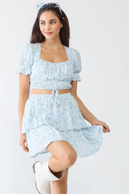 Colorblock Short Sleeve TopsLight Blue & White Floral Print Short Sleeve Crop Top /3-2-1