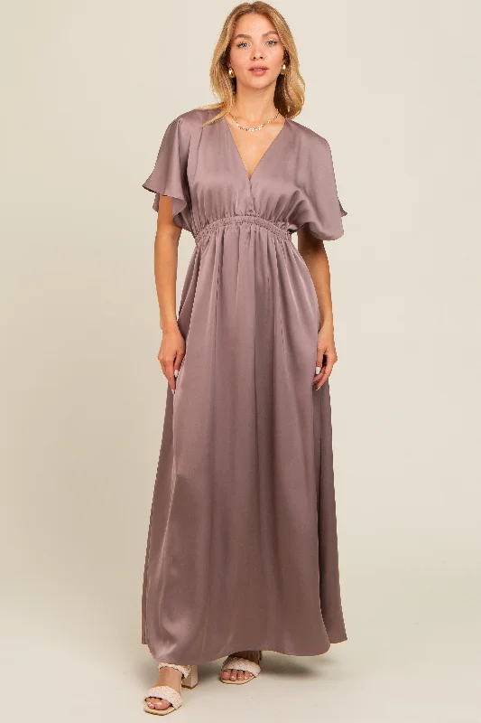 College Short Sleeve TopsMauve Satin V-Neck Flutter Short Sleeve Maxi Dress