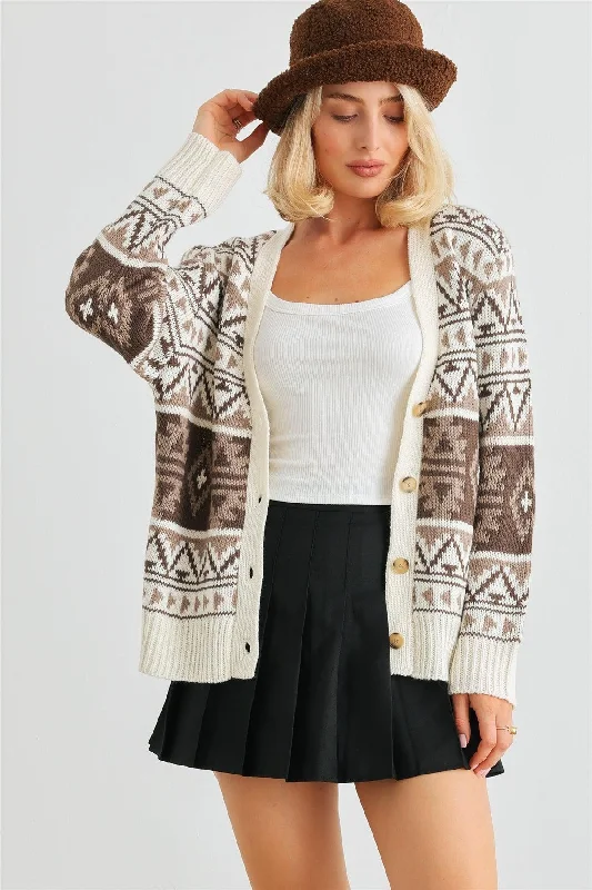 Fair Isle Knit Button-Up Long Sleeve Sweater Cardigan /2-2-2Hooded Knit Tops