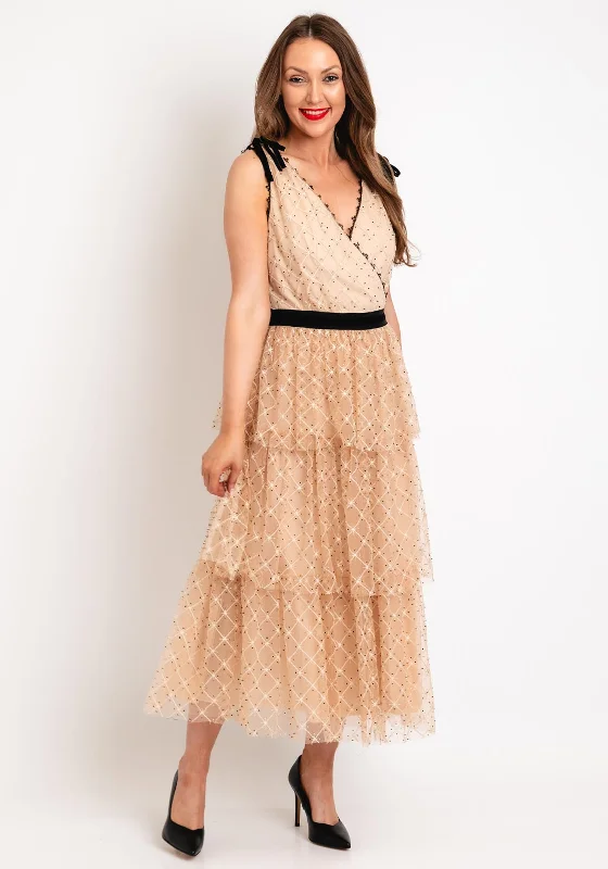 Empire Waist DressFee G Beaded Mesh Tiered Midi Dress, Nude