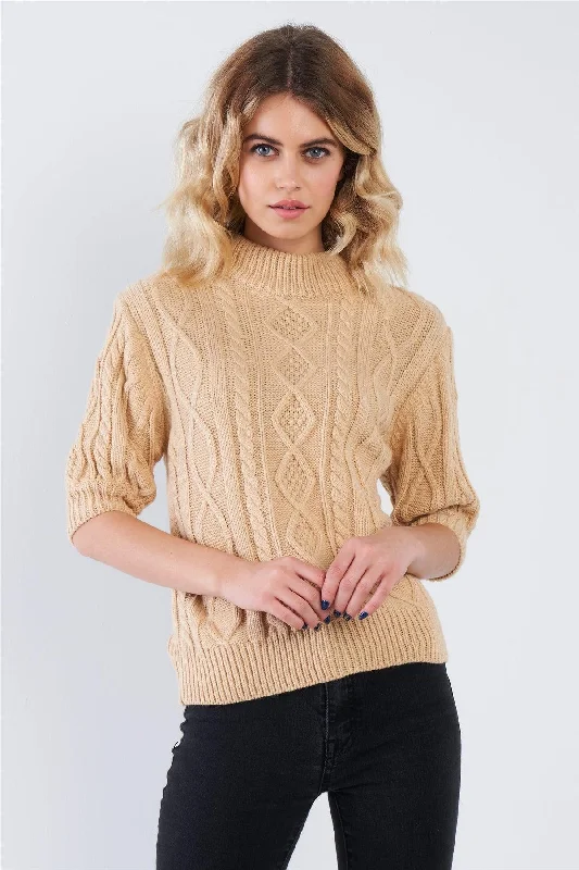 Cable Knit Casual 3/4 Sleeve Mock Neck Chic SweaterScoop Neck Knit Tops