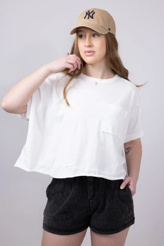 Oversized Cropped Mineral Wash Knit T-Shirt for Women in White | NT11429-WHITEVelvet T-Shirts