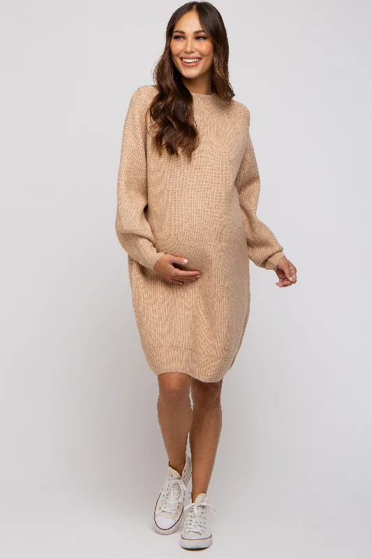 Beige Mock Neck Maternity Sweater DressRecycled Fabric Knit Tops