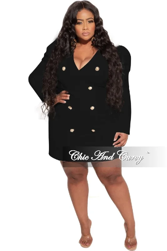 Women's dating topsFinal Sale Plus Size Coat Dress with Gold Buttons in Black