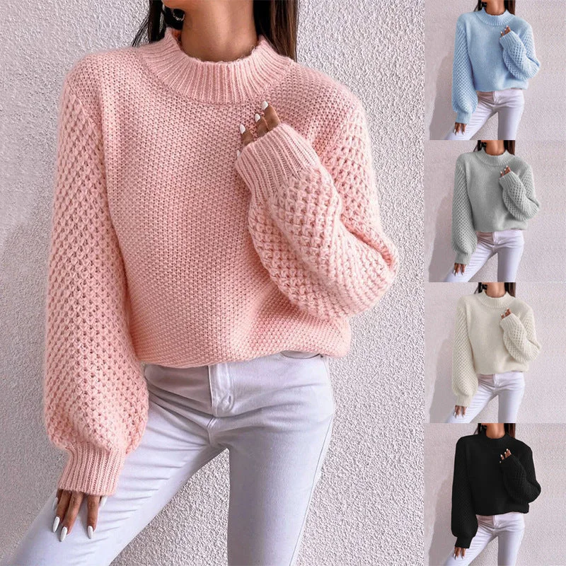 Women's Fashion Autumn And Winter Leisure Long Sleeve Round Neck Pure Color Warm Keeping SweaterBand Merch Knit Tops