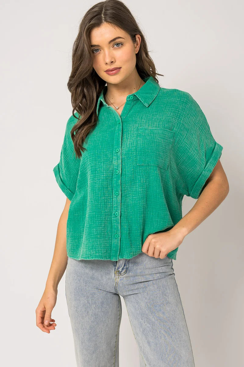 Reflective Short Sleeve TopsShort Sleeve Washed Double Gquze Blouse