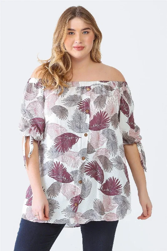 Metallic Short Sleeve TopsJunior Plus Cream Pink Palm Leaves Print Button-Up Off-The-Shoulder Short Sleeve Top /1-1-1