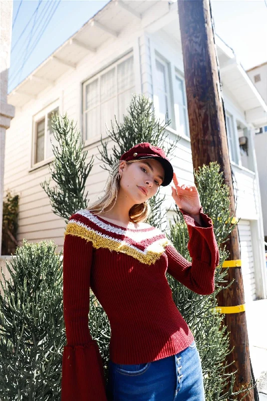 Burgundy Multi Stripe Knit Bell Sleeve Sweater /2-2-2Recycled Fabric Knit Tops