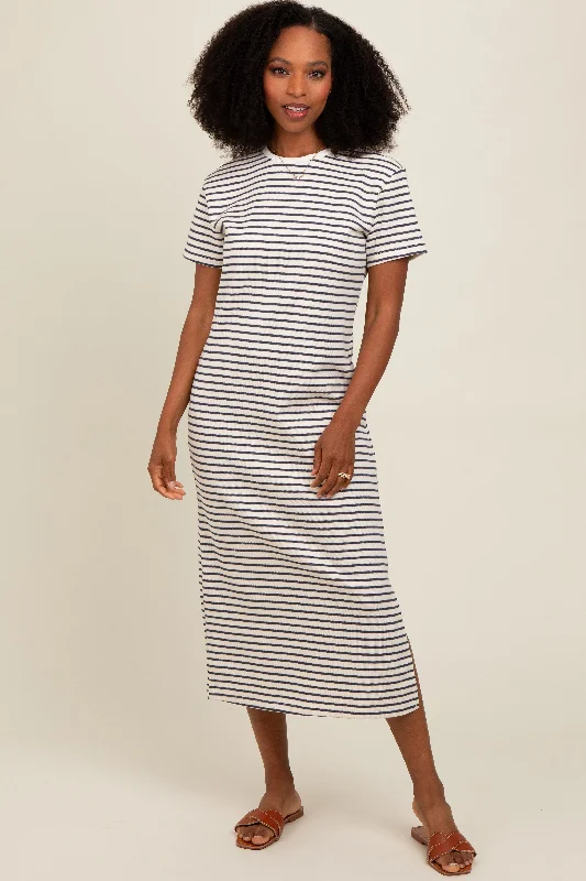 Longline Short Sleeve TopsNavy Striped Short Sleeve T-Shirt Midi Dress