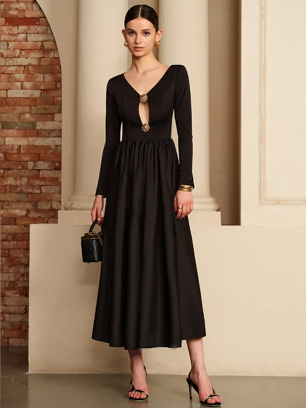 Long-sleeve DressCutout Pleated Panel Dress