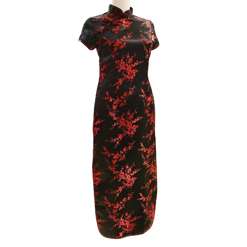 Hip-Hop Short Sleeve TopsShort Sleeve Ankle-Length Qipao with Red Blossoms - Black