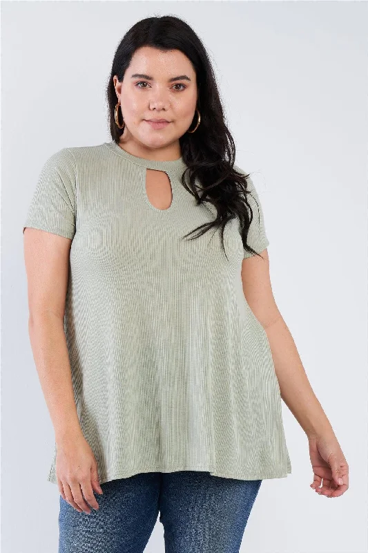 Mesh Short Sleeve TopsJunior Plus Size Sage Open Keyhole Short Sleeve Top /2-2-2