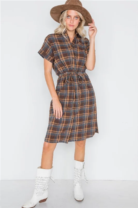 Metallic Short Sleeve TopsMulti Blue Plaid Short Sleeve Button Down Dress /1-2-1