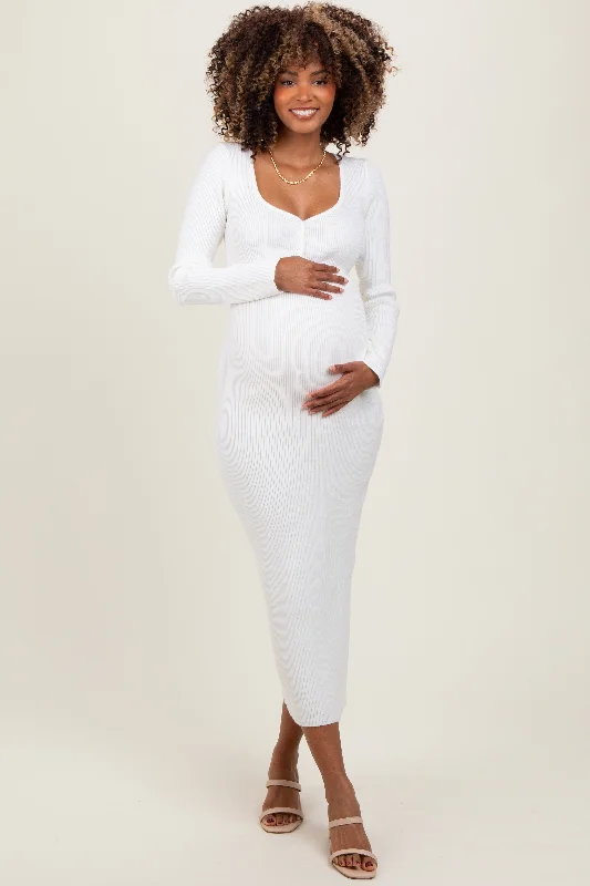 White Henley Ribbed Maternity Midi Sweater DressPolyester Knit Tops