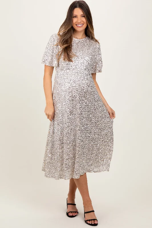 Camping Short Sleeve TopsGold Sequin Short Sleeve Maternity Midi Dress