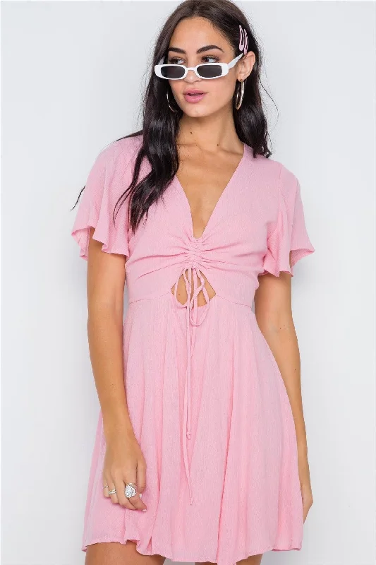 Plush Short Sleeve TopsPink V-Neck Short Sleeve A-Line Mini Dress /2-2-2