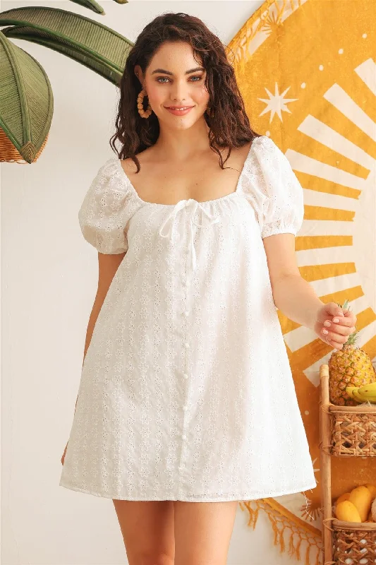 Punk Short Sleeve TopsWhite Floral Embroidery Front Button Puff Short Sleeve Mini Dress /1-2-2-1