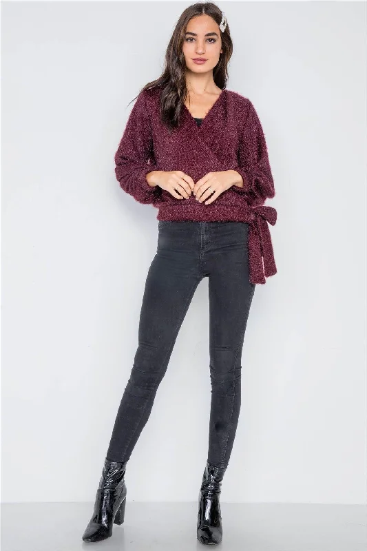 Violet Fuzzy Long Sleeve Surplice Sweater /1-2-2Asymmetrical Knit Tops