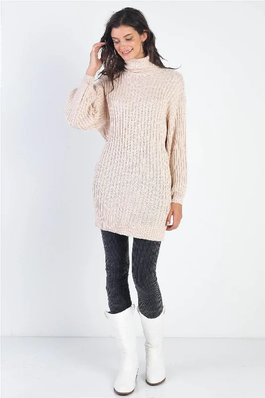 Ecru Cotton Blend Knit Ribbed Turtle Neck Sweater /2-2-2Yoga Knit Tops