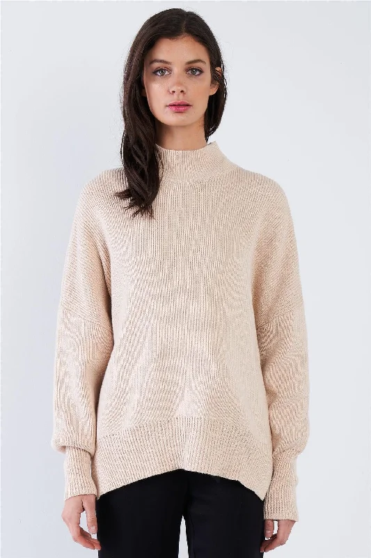 Beige Chic Oversized Knit SweaterCrewneck Knit Tops