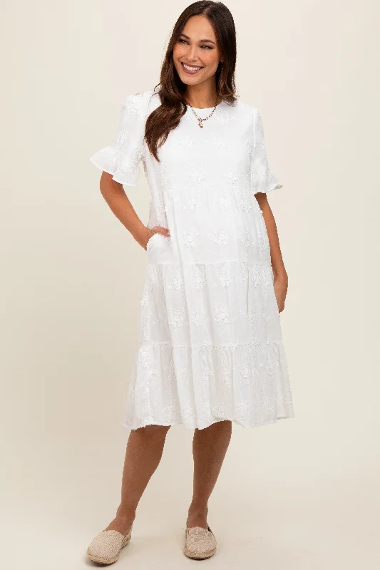 Blended Fabric Short Sleeve TopsWhite Floral Embroidered Ruffle Short Sleeve Tiered Maternity Dress