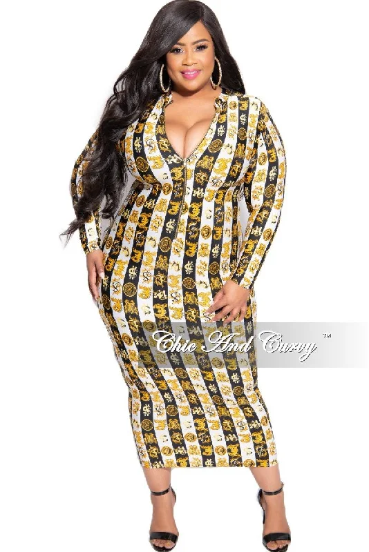 Large women's anti-static topsFinal Sale Plus Size Reversible BodyCon Dress in Black White and Gold Design Print