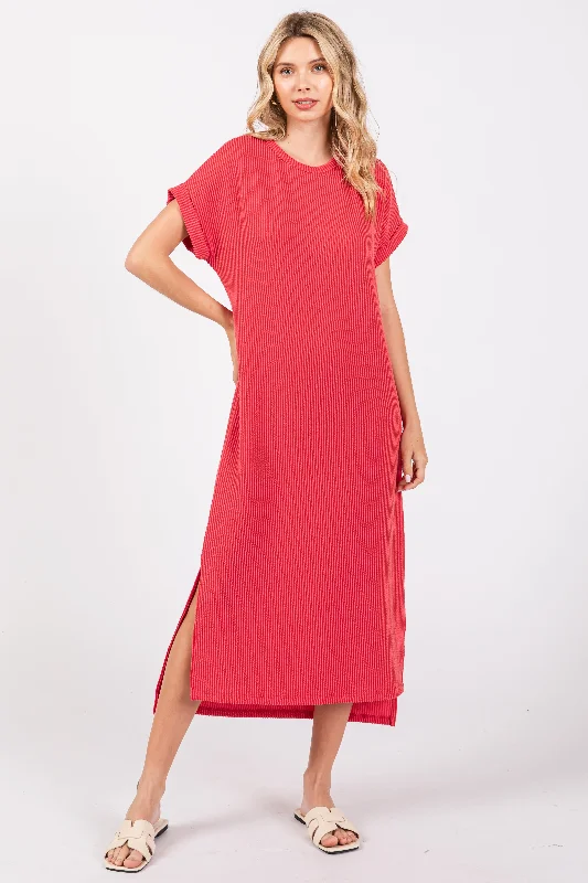 Colorblock Short Sleeve TopsRed Ribbed Short Sleeve Midi Dress