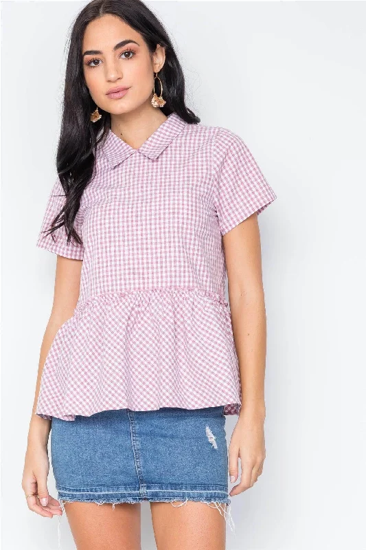 Fishing Short Sleeve TopsMauve Checkered Short Sleeve Shirred Hem Top / 2-2-2