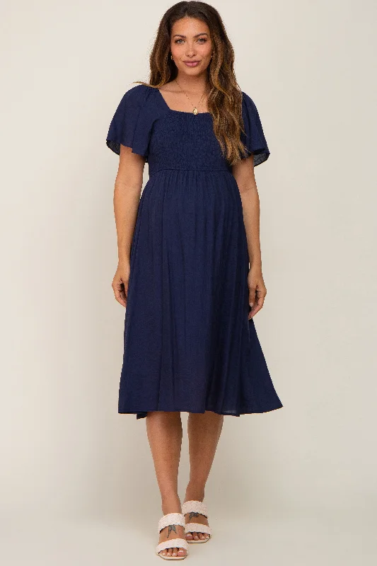 Luxury Short Sleeve TopsNavy Blue Smocked Square Neck Flutter Short Sleeve Maternity Midi Dress