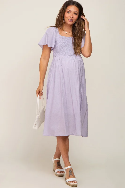 Oversized Short Sleeve TopsLavender Smocked Square Neck Flutter Short Sleeve Maternity Midi Dress