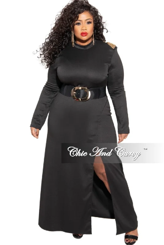 Large women's wrinkle-free topsFinal Sale Plus Size Dress with Spiked Shoulder Applique and Front Side Slit in Black